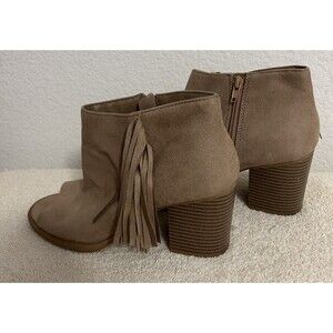 SODA Women's Size 10 SHOES RATON-S ANKLE BOOTIE OPEN TOE WITH FRINGE Light TAUPE